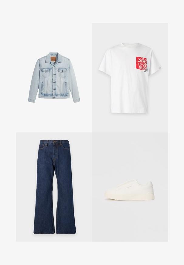 Giacca in denim azzurro chiaro con bottone frontale, due tasche sul petto e colletto classico. Dettagli sfilacciati e una forma leggermente aderente.; T-shirt bianco in cotone con taschino rosso decorato con un design floreale e testo. Maniche corte, collo rotondo e vestibilità morbida.; Jeans a zampa d'elefante in denim blu con design a cinque tasche, hardware in ottone, cuciture visibili e una finitura liscia. Vita standard con passanti per la cintura.; Sneakers bianchi slip-on con superficie texturizzata, suola spessa e design minimalista. Presentano il logo del marchio sul lato.