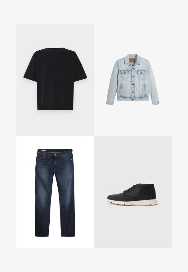 Lyseblå denimjakke med knaplukning, to brystlommer og klassisk krave. Slidte detaljer og en let figursyet pasform.; GAP ULTRA SOFT BOXY TEE - T-shirts basic - black; Mørkeblå denim jeans med lige pasform, fem lommer, let falmning på lårene og en metalknap lukning i taljen.; Sorte læder chukka støvler med en hvid gummisål, der har runde snørebånd og et side-logo prentet på hælen. Glat tekstur hele vejen igennem.