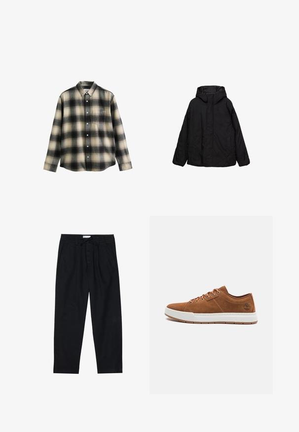 Giacca nera con cappuccio, dalla vestibilità ampia, caratterizzata da una texture morbida, due tasche laterali e dettagli di cucitura minimi. Materiale impermeabile.; Camicia a maniche lunghe a quadri nei toni nero, crema e grigio. Presenta un colletto alla francese, una tasca frontale e bottoni bianchi. Tessuto morbido.; Pier One Chino - black; Sneakers in suede marrone con suola in gomma bianca, punta rotonda, sei occhielli in metallo e dettaglio del logo in rilievo sul lato. Design classico con lacci.