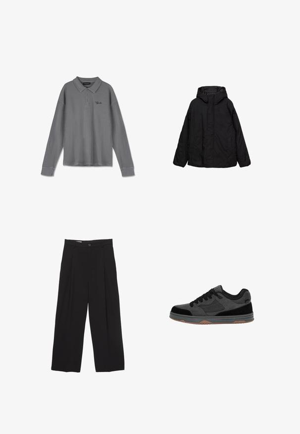 Czarna, kaptrowa kurtka o luźnym kroju, posiadająca gładką teksturę, dwa boczne kieszenie i minimalne detale szwów. Materiał wodoodporny.; Koszulka polo z długim rękawem w paski w odcieniach szarości. Posiada kołnierzyk, zapięcie na trzy guziki oraz subtelne czarne logo na piersi.; Czarne spodnie o szerokich nogawkach, wykonane z gładkiego materiału, z płaskim pasem, plisami z przodu oraz pojedynczym zapięciem na guzik.; Czarne i ciemnoszare niskie trampki z czarnymi sznurowadłami, z zamszowej i siateczkowej cholewki oraz gumowej podeszwy, widziane z boku.