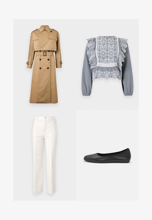 Beige trenchcoat met een cropped jasje bovenkant, grote voorzakken en lange mouwen. Heeft een ceintuur in de taille en een dubbele knopen sluiting.; Marineblauw en witte geruite blouse met kantdetails, gerimpelde mouwen, een peplumzoom en elastische manchetten, gemaakt van lichtgewicht stof.; Witte rechte broek in katoenmix, met een gladde textuur, twee voorplooien en een tailleband met een enkele knoopsluiting.; Zwarte leren ballerina met een ronde neus, gladde textuur, minimale stikdetails en een flexibele zoolontwerp.