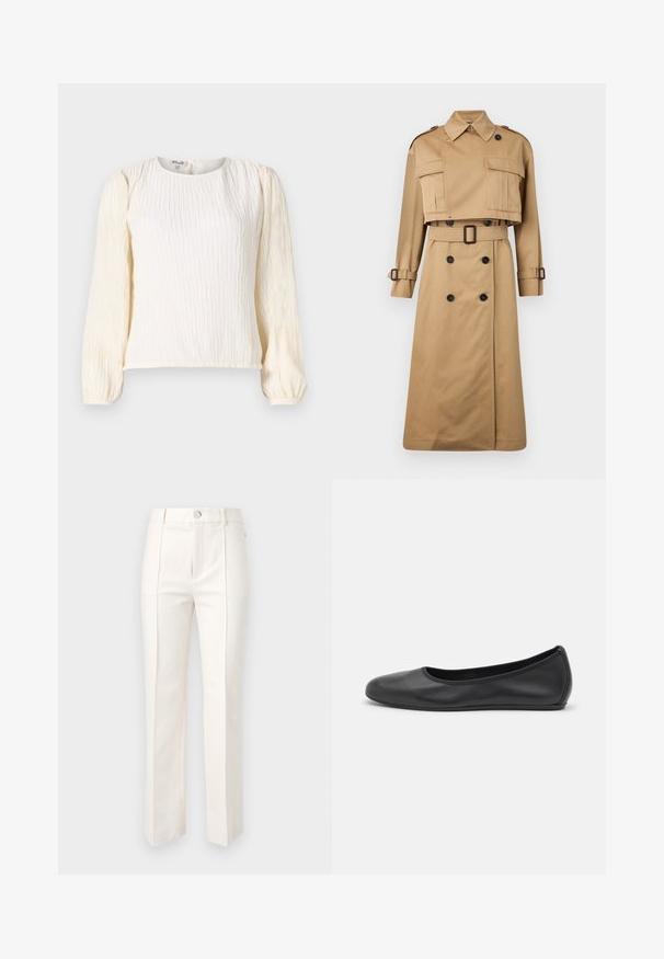 Trench coat beige con giacca corta, grandi tasche frontali e maniche lunghe. Presenta una vita cinturata e chiusura a doppio petto con bottoni.; Blusa bianca strutturata con maniche lunghe a sbuffo. Presenta un collo rotondo e una vestibilità morbida. Realizzata in un tessuto leggero e fluido.; Pantaloni bianchi a gamba dritta in misto cotone, caratterizzati da una texture liscia, due pieghe frontali e una vita con cinturino a chiusura con un solo bottone.; Pantofole da balletto nere in pelle con punta arrotondata, texture liscia, dettagli di cucitura minimi e design con suola flessibile.