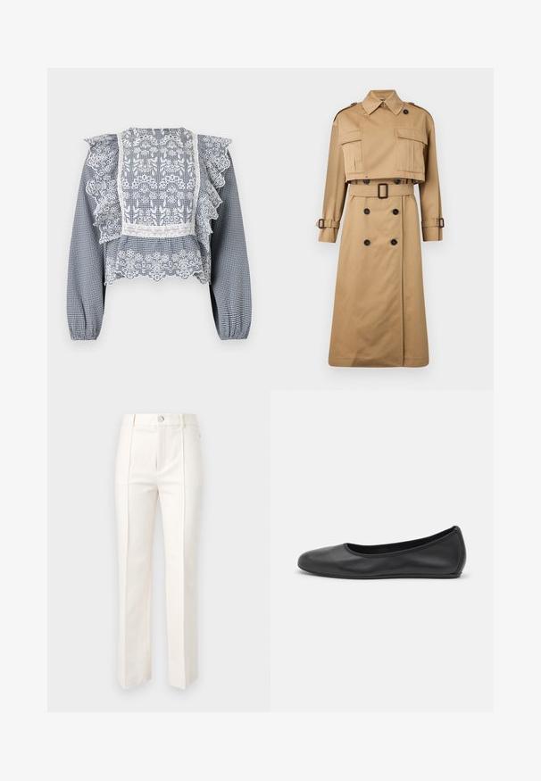 Beiger Trenchcoat mit kurzwärmtiger Jacke, großen Fronttaschen und langen Ärmeln. Besitzt eine taillierte Taille und einen doppeltknopfartigen Verschluss.; Marineblau-weiße kariertes Bluse mit Spitzenakzenten, rüschierten Ärmeln, einem Peplum-Saum und elastischen Bündchen, aus leichtem Stoff gefertigt.; Weiße gerade geschnittene Hosen aus Baumwollmischung, mit einer glatten Textur, zwei vorderen Falten und einem Bund mit einem einzelnen Knopfverschluss.; Schwarze Leder-Ballettschuhe mit abgerundeter Spitze, glatter Textur, minimalen Nähdetails und einem flexiblen Sohlen-Design.