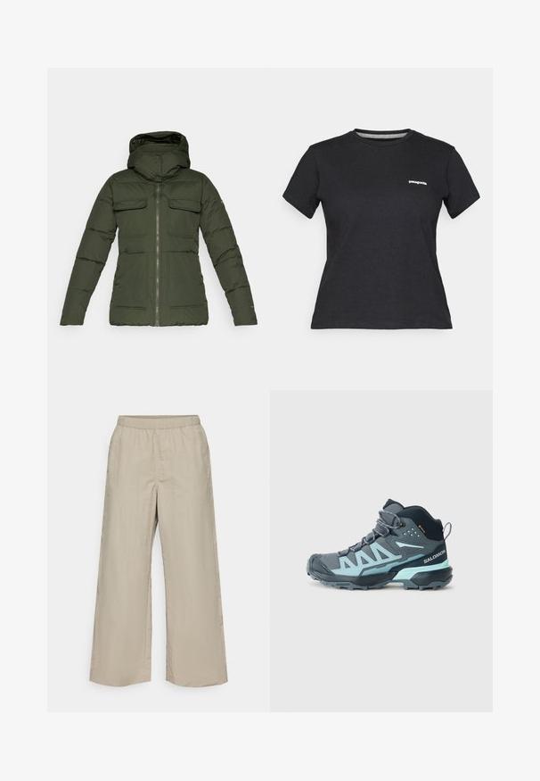 Columbia LONGHORN RIDGE™ INSULATED JACKET - Zimní bunda - greenscape; Černé bavlněné tričko s kulatým výstřihem a krátkým rukávem. Obsahuje bílé logo "Patagonia" na levé části hrudi.; Široké kalhoty z lehké béžové tkaniny s elastickým páskem, hladkým povrchem a bez viditelného kovového zapínání nebo vzorů.; Středně vysoké turistické boty v tmavě šedé barvě se světle modrými akcenty. Mají texturovaný svršek, zesílenou špičku a robustní podešev pro trakci.
