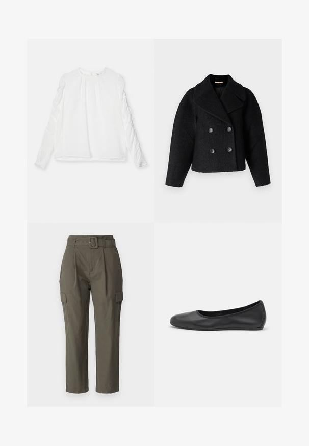 Rue de Femme MARION - Casaco leve - black; Camisola branca de manga longa com decote redondo e detalhe franzido nas mangas. Feita de um tecido leve com um ajuste fluido.; Calças cargo em verde olivine, feitas de um tecido leve. As características incluem uma cintura com cinto, pregas na frente e bolsos laterais com fechos em aba.; Bailarina preta em pele com bico arredondado, textura suave, detalhe de costura minimalista e design de sola flexível.