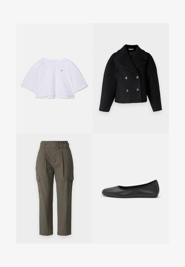 Rue de Femme MARION - Light jacket - black; White cropped sweatshirt with wide, short sleeves, a round neckline, and a small gold logo at the chest. Made from soft fabric.; Cargo pants in olive green, made of lightweight fabric. Features include a belted waist, front pleats, and side pockets with flap closures.; Black leather ballet flat with a rounded toe, smooth texture, minimal stitching detail, and a flexible sole design.