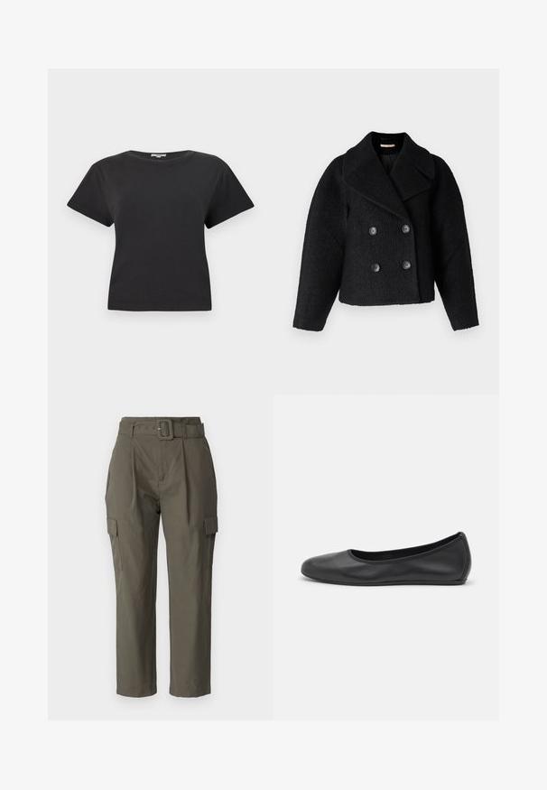 Rue de Femme MARION - Light jacket - black; Black cotton t-shirt with short sleeves, round neckline, and a relaxed fit. No visible patterns or hardware details. Smooth texture.; Cargo pants in olive green, made of lightweight fabric. Features include a belted waist, front pleats, and side pockets with flap closures.; Black leather ballet flat with a rounded toe, smooth texture, minimal stitching detail, and a flexible sole design.