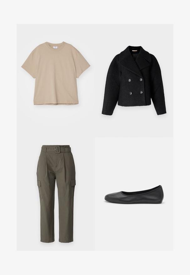 Rue de Femme MARION - Light jacket - black; Filippa K OVERSIZED TEE - Basic T-shirt - taupe; Cargo pants in olive green, made of lightweight fabric. Features include a belted waist, front pleats, and side pockets with flap closures.; Black leather ballet flat with a rounded toe, smooth texture, minimal stitching detail, and a flexible sole design.