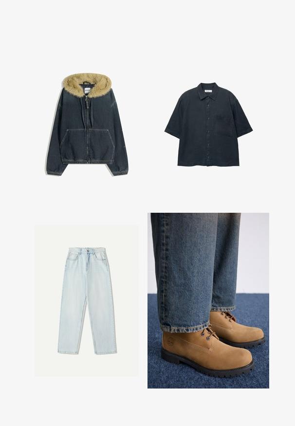 Džínová bunda s límcem z umělé kožešiny, se zapínáním na zip, dvěma předními kapsami, elastickými manžetami a lemem. Tmavě modrý odstín s viditelnými švy.; Tmavě modrá košile s krátkým rukávem na knoflíky vyrobená z lehkého materiálu, s náprsní kapsou a klasickým designem límce.; Světle modré džíny s volným střihem, rovnými nohavicemi, pěti kapsami a jemným vyblednutím látky.; Timberland Šněrovací kotníkové boty - medium beige