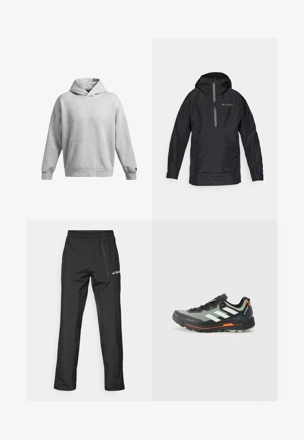 Chaqueta negra impermeable Terrex con capucha, cierre frontal con cremallera y puños elásticos. Textura suave con detalles reflectantes. Diseño ligero.; Sudadera con capucha gris hecha de tela suave, con un bolsillo canguro en la parte delantera y puños acanalados. Corte relajado con un diseño simple.; Pantalones ligeros negros para exteriores con cintura elástica, bolsillos con cremallera y logo impreso. Textura suave y corte de pierna recta.; Zapatilla de trail running ligera con una parte superior de malla gris y negra, detalles en naranja y una suela robusta para tracción. Forro impermeable Gore-Tex.