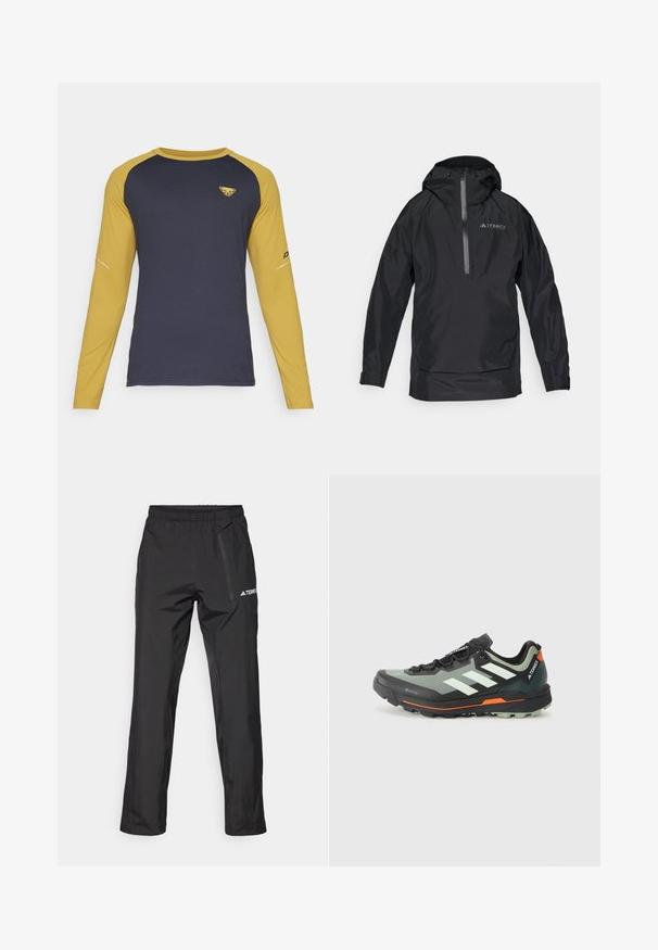 Jachetă Terrex impermeabilă, de culoare neagră, cu glugă, fermoar frontal și manșete elastice. Textură netedă cu detalii reflectorizante. Design ușor.; Dynafit ALPINE negru; Pantaloni negri impermeabili dintr-un material ușor, cu talie elastică și buzunar cu fermoar pe lateral. Design simplu, ajustat.; Pantofii ușori de alergare pe trasee sunt confecționați dintr-o plasă gri și neagră, cu accente portocalii și o talpă robustă pentru aderență. Captuseală impermeabilă Gore-Tex.