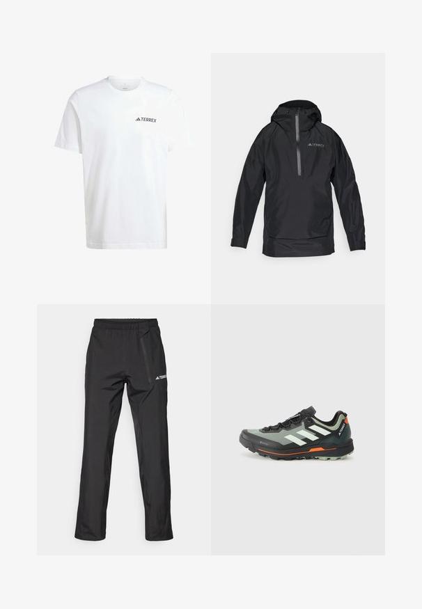 Musta vedenpitävä Terrex-takki, jossa on huppu, vetoketjukiinnitys edessä ja joustavat hihansuut. Suuri sileä pinta, jossa on heijastavia yksityiskohtia. Kevyt muotoilu.; Valkoinen puuvillainen t-paita lyhyillä hihoilla, jossa on pieni musta "TERREX"-logo vasemmassa rinnassa. Klassinen pyöreä kaula-aukko.; Mustat kevyet ulkohousut, joissa on joustava vyötärönauha, vetoketjutaskut ja painettu logo. Sileä pinta ja suora lahkeen leikkaus.; Kevyt maastojuoksukenkä, jossa on harmaa ja musta verkkokangas, oranssit yksityiskohdat ja kestävä pohja pitoon. Vesitiivis Gore-Tex-vuori.