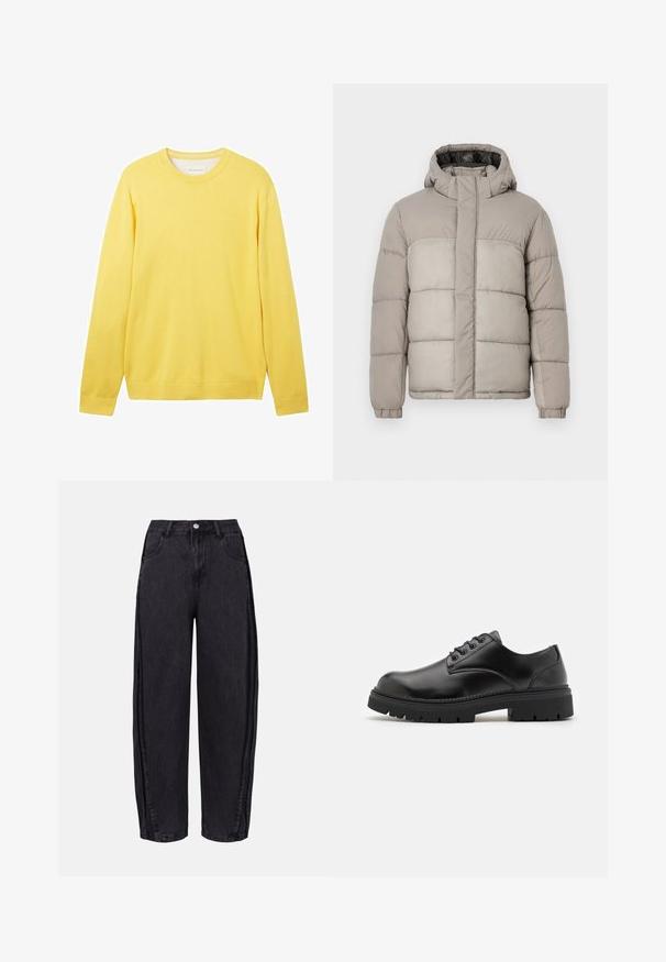 Lichte grijze pufferjack met capuchon, heeft een gestikte ontwerp, vooraan sluiting met rits en elastische manchetten, gemaakt van zachte, gestructureerde stof.; Geel langemouwen trui gemaakt van een gladde, lichte stof. Heeft een ronde hals, geribbelde manchetten en een subtiel logo op de voorkant.; Zwarte wijde denim jeans met een gladde textuur. Heeft een hoge taille, voorzakken en een knoopsluiting bij de tailleband.; Zwarte leren schoenen met een ronde neus, vetersluiting en een dikke, gestructureerde rubberen zool. Kenmerken zijn stiksels langs de rand en een gladde afwerking.