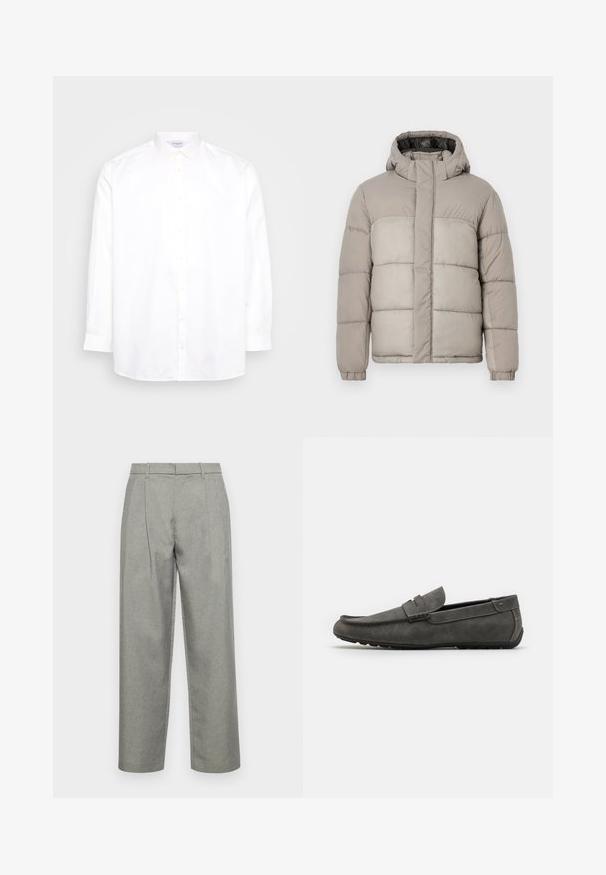 Casaco puffer em cinza claro com capuz, apresenta um design acolchoado, fecho frontal com zíper e punhos elásticos, feito de um tecido suave e texturizado.; Camisa branca de manga longa abotoada feita de algodão. Apresenta um colarinho pontudo e seis botões na frente. Textura suave, ajuste regular.; Calças cinzas ajustadas, feitas de tecido texturizado, com design de perna reta, pregas frontais e uma cintura standard com passantes para cinto.; Mocassim em camurça cinza com ponta arredondada, detalhes costurados e sola de borracha plana. O sapato apresenta uma textura lisa e uma faixa destacada na parte frontal.