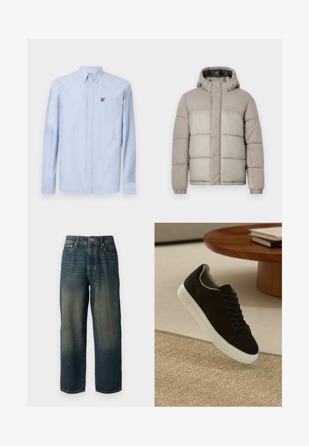 Huppari takki vaaleanharmaana, jossa on huppu, tikkikuviointi, vetoketjusulku edessä ja joustavat hihansuut, valmistettu pehmeästä, tekstuuripinnoitteisesta kankaasta.; Vaaleansininen pitkähiha paita, jossa on napitettava kaulus, etutasku ja brodeerattu logo. Valmistettu tekstuuripintaisesta puuvillakankaasta.; Sininen farkkuhousut suoran leikkauksen kanssa, joissa on haalistunut muotoilu, vaaleammat sävyt helman suuntaan, viisi taskua ja nappisuljenta.; Musta lenkkari, jossa on valkoinen pohja, kelluu vaaleanbeige texturoituneen maton yllä pyöreän puupöydän vieressä, jonka päällä on pinottu kirjoja.