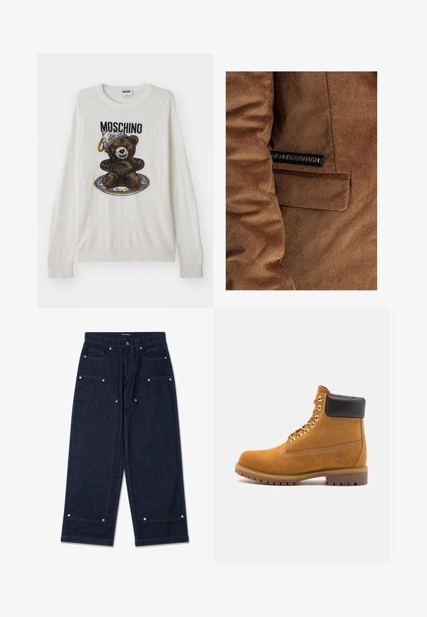 Giacca in velluto a coste marrone con tasca sul lato sinistro e un'etichetta con "Gráinne Kavanagh" in nero, dettagli di cucitura visibili in tutto il capo.; Maglione bianco a maglia con una grafica di un orso con un cappello e un piatto, dettagli neri e marroni, e polsini e orlo a costine. Etichetta Moschino visibile.; Pantaloni a gamba larga in denim scuro con due tasche frontali, dettagli in metallo argentato e cuciture rosse in contrasto. Caratterizzati da una chiusura a bottone e logo del marchio.; Stivale alla caviglia in suede tan con collare imbottito nero, occhielli in metallo dorato, dettagli in cucitura bianca e suola in gomma robusta con battistrada pronunciato.