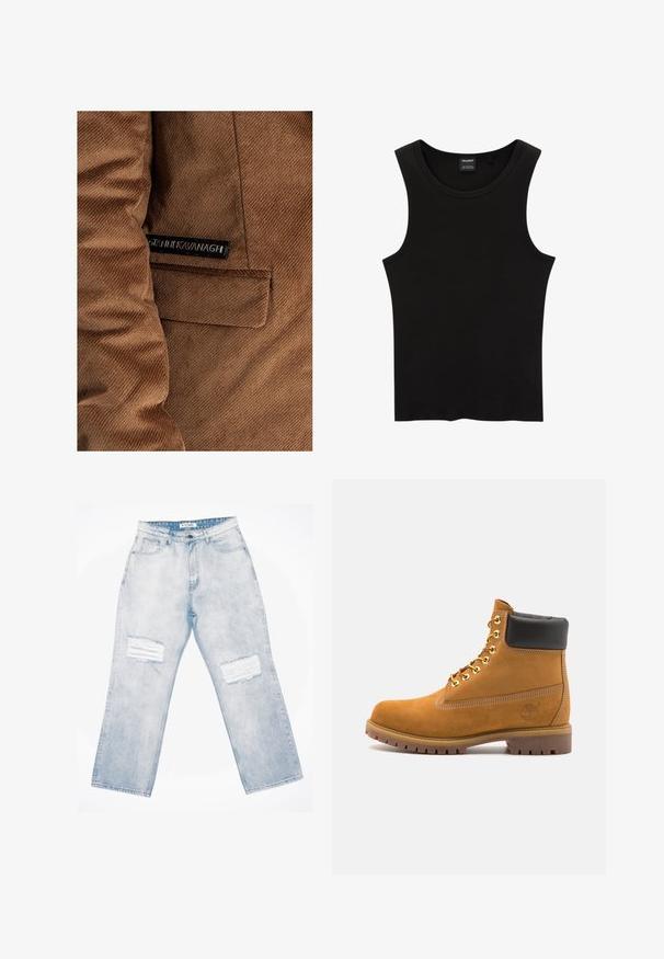 Bruine corduroy jacket met een linkerzijzak en een label met "Gráinne Kavanagh" in zwart, zichtbare stikseldetails overal.; Zwarte geribbelde tanktop met een ronde halslijn en wijde armsgaten, gemaakt van een zachte, rekbare stof. Label: Pull&Bear.; Lichtblauwe spijkerbroek met een losse pasvorm, voorzien van twee gescheurde patches aan de voorkant, een knoopsluiting en een vijfzakken ontwerp.; Tan suède enkelboot met zwart gevoerd kraagje, gouden metalen oogjes, witte stikdetails en een robuuste rubberen zool met uitgesproken profiel.