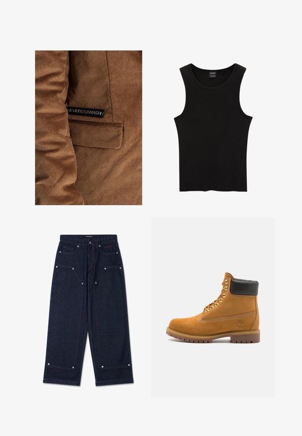 Hnědá manšestrová bunda s boční kapsou na levé straně a štítkem s nápisem "Gráinne Kavanagh" v černé barvě, s viditelným prošitím po celém povrchu.; Černý žebrovaný tílko s kulatým výstřihem a širokými průramky, vyrobené z měkké, elastické tkaniny. Značka: Pull&Bear.; Tmavé džínové kalhoty s širokýma nohavicema, dvěma předními kapsami, stříbrnými detaily a kontrastním červeným prošíváním. Obsahují zapínání na knoflík a logo značky.; Hnědé semišové kotníkové boty s černým polstrovaným límcem, zlatými kovovými očky, bílým prošíváním a odolnou gumovou podrážkou s výraznými drážkami.