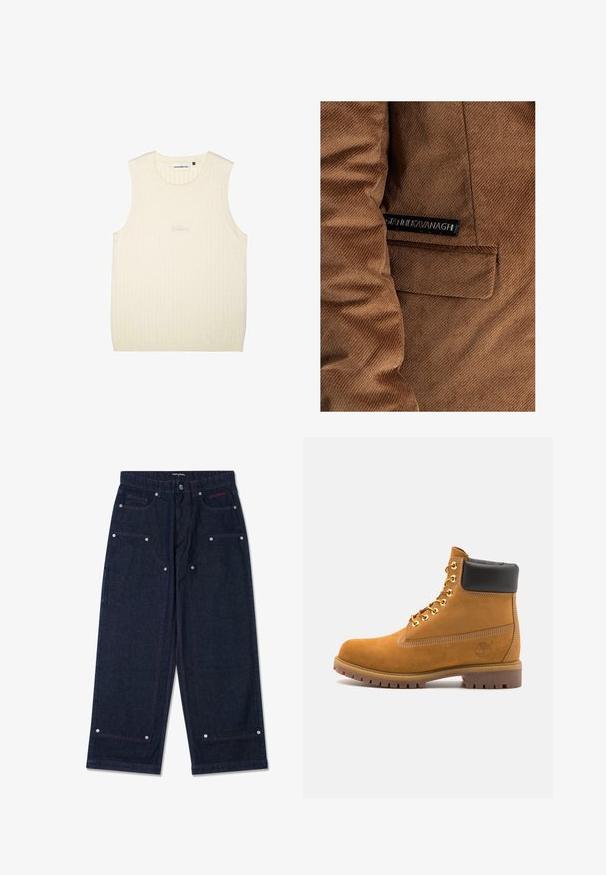 Brązowa kurtka z sztruksu z kieszenią po lewej stronie oraz metką z napisem "Gráinne Kavanagh" w kolorze czarnym, z widocznymi detalami przeszycia.; Kremowy bezrękawnik z prążkowanej tkaniny, z okrągłym dekoltem i subtelnym, haftowanym logo z przodu.; Ciemnogranatowe spodnie o szerokich nogawkach z dwoma przednimi kieszeniami, srebrnymi detalami oraz kontrastowymi czerwonymi przeszyciami. Posiadają zapięcie na guzik i logo marki.; Beżowe zamszowe botki sięgające kostki z czarną wyściełaną krawędzią, złotymi oczkami, białymi detalami szycia oraz wytrzymałą gumową podeszwą z wyraźnym bieżnikiem.