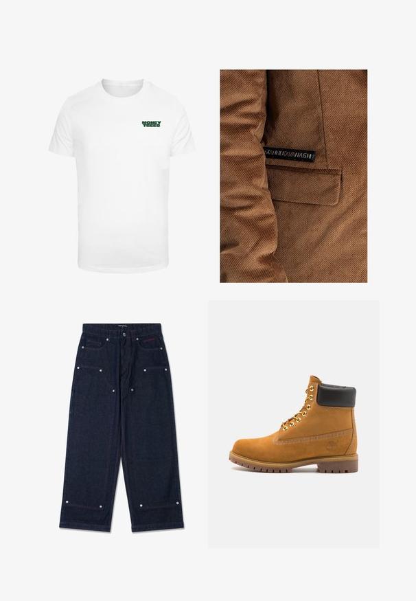 Chaqueta de pana marrón con un bolsillo en el lado izquierdo y una etiqueta con "Gráinne Kavanagh" en negro, con detalles de costura visibles en toda la prenda.; Camiseta blanca de algodón con mangas cortas que presenta un pequeño gráfico verde de "MONEY TREES" en la parte izquierda del pecho. Cuello redondo clásico.; Pantalones de mezclilla oscuros de pierna ancha con dos bolsillos frontales, detalles de herrajes plateados y costuras rojas en contraste. Presenta un cierre de botón y el logo de la marca.; Botín de ante marrón claro con collar acolchado negro, ojales de metal dorado, detalles de costura blanca y suela de goma resistente con tacos pronunciados.