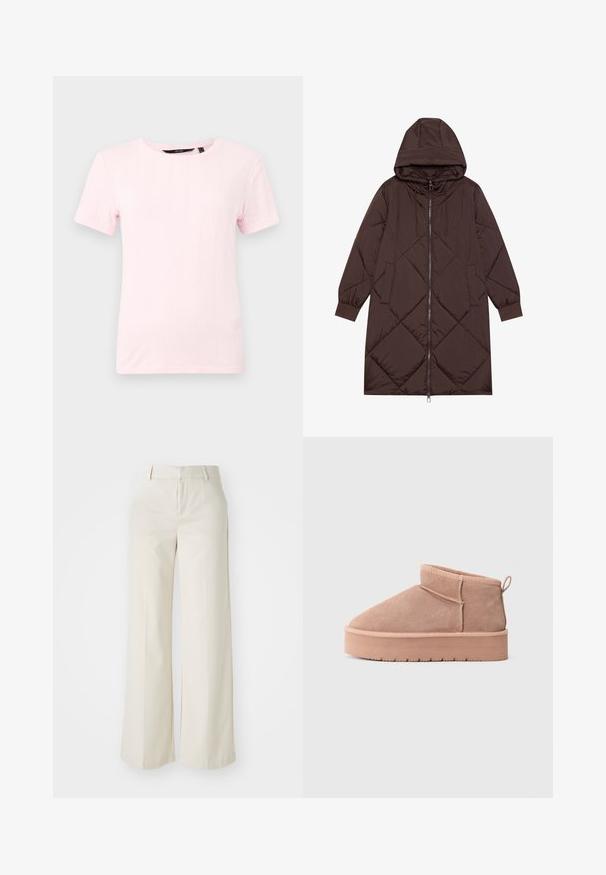 Barna steppelt hosszú kabát kapucnival, elől cipzárral és rugalmas mandzsettával. Diagonális varrások és két elülső zseb jellemzi. Simább, fényes anyag.; Rövid ujjú, világos rózsaszín póló texturált kötött anyagból, kerek nyakkivágással és függőleges bordázott mintával.; Világos bézs színű, széles lábú nadrág, sima anyagból készült. Klasszikus derékrésszel és lapos elülső résszel, letisztult vonalakkal rendelkezik.; Beige velúr boka csizma vastag talppal, kerek orral, saroknál húzófüllel és látható varrási részletekkel.