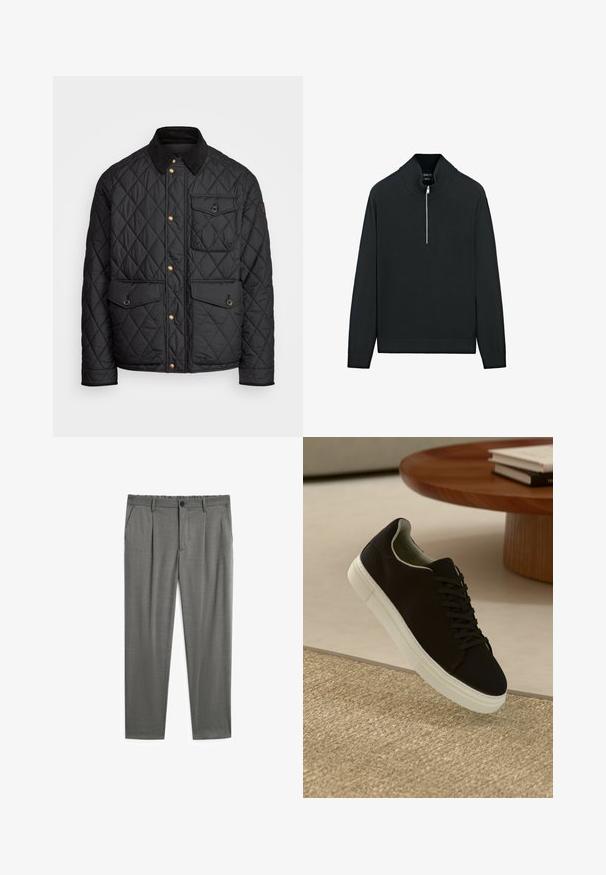 Černá prošívaná bunda s kordovým límcem, zlatými patentkami, dvěma předními kapsami a jednou kapsou na levé straně, která obsahuje nášivku s logem.; Černý svetr s vysokým límcem, polovičním zipem vpředu a žebrovanými manžetami a lemem. Vyrobeno z měkkého pleteného materiálu s hladkou texturou.; Šedé kalhoty s hladkou texturou, s upevněním na knoflík, elastickým pasem a dvěma bočními kapsami. Krejčovský design s záhyby.; Černé tenisky s bílou podrážkou plující nad béžovým texturovaným kobercem poblíž kulatého dřevěného stolu se stohovanými knihami.