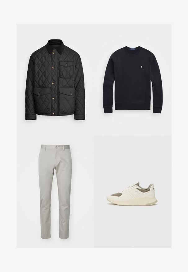 Black quilted jacket with a corduroy collar, gold snap buttons, two front pockets, and a pocket on the left side, featuring a logo patch.; Black sweatshirt made of cotton blend, featuring a crew neck, long sleeves, ribbed cuffs and hem, with a small embroidered logo on the chest.; Light gray cotton trousers with a straight leg design, flat front, and no visible pockets or embellishments. Smooth texture, plain finish.; White and light beige athletic sneaker, featuring a mesh upper, perforated detailing, and a textured midsole with branding on the heel.