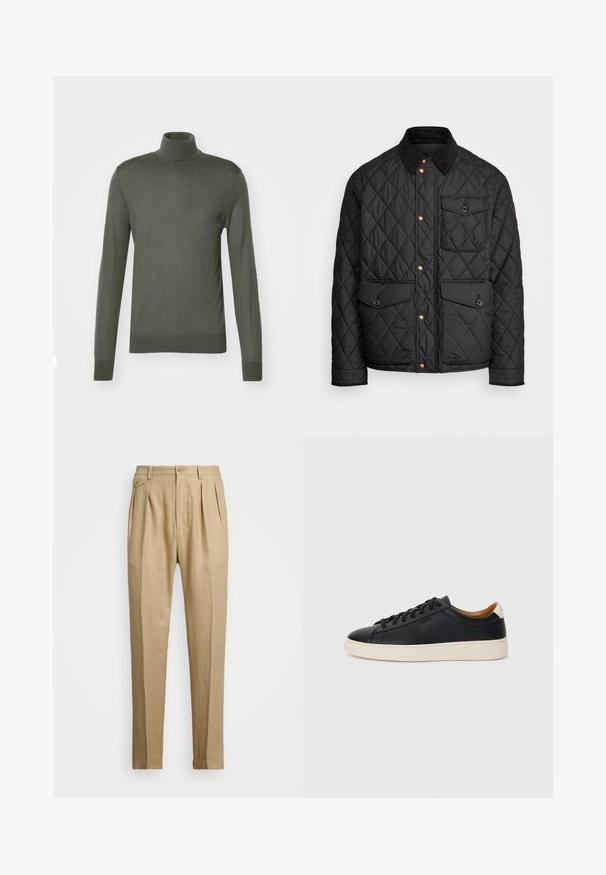 Svart quiltad jacka med en kordflöjelskrage, gyllene tryckknappar, två framfickor och en ficka på vänster sida, försedd med en logotypapplikation.; Tiger of Sweden NEVILE - Stickad tröja - pavement; Beiga linnbyxor med rak passform, med två framveck, knappstängning och sidofickor. Strukturerad tyg med en mjuk yta.; Svarta lädersneakers med en slät yta, beige gummisula, snörning och en kontrasterande hälackcent.