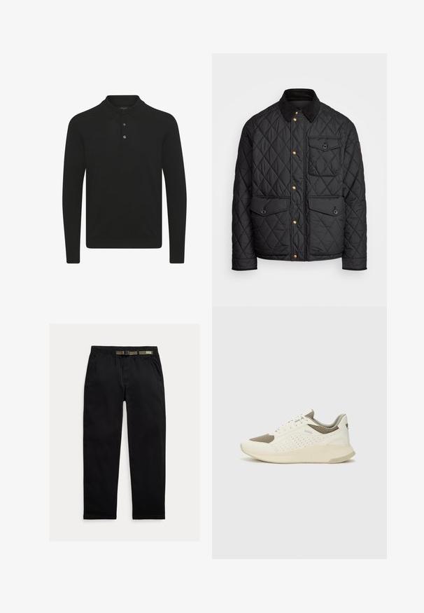 Schwarze gesteppte Jacke mit einem Cordkragen, goldenen Druckknöpfen, zwei Fronttaschen und einer Tasche auf der linken Seite, die ein Logopatch aufweist.; Schwarzes Langarm-Polohemd aus weichem Stoff mit klassischem Kragen, einer Drei-Knopf-Leiste und einer figurbetonten Silhouette.; Schwarze Hose aus leichtem Material, mit einem elastischen Bund und einem integrierten grünen Gürtel, geradem Beinabschluss und seitlichen Taschen.; Weiße und hellbeige Sport Sneakers, ausgestattet mit einem Obermaterial aus Netzgewebe, perforierten Details und einer strukturierten Zwischensohle mit Branding an der Ferse.