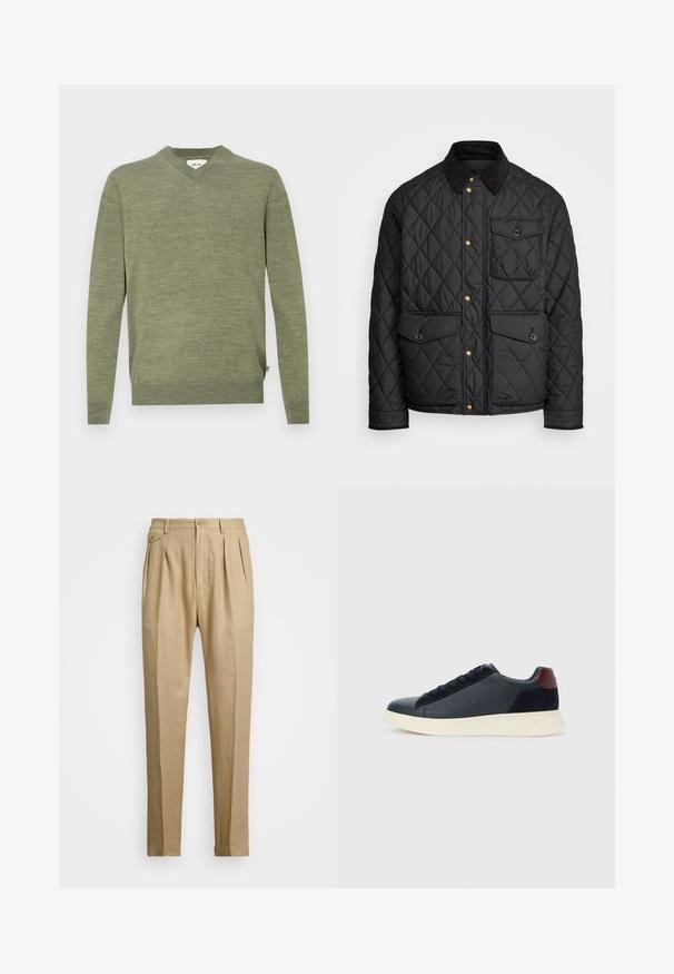 Czarna pikowana kurtka z kołnierzem z sztruksu, złotymi zatrzaskami, dwoma przednimi kieszeniami oraz kieszenią po lewej stronie, z naszywką z logo.; Długi rękaw w kolorze oliwkowym sweter z dekoltem w serek, z prążkowanymi mankietami i dołem, wyłożony na białym tle.; Beżowe lniane spodnie o prostym kroju, z dwoma fałdami z przodu, z zapięciem na guzik i kieszeniami po bokach. Teksturowana tkanina o gładkim wykończeniu.; Niskie męskie sneakersy z czarnej skóry i zamszu, z bordową pętlą na pięcie i białą gumową podeszwą, widziane z zewnętrznej strony.