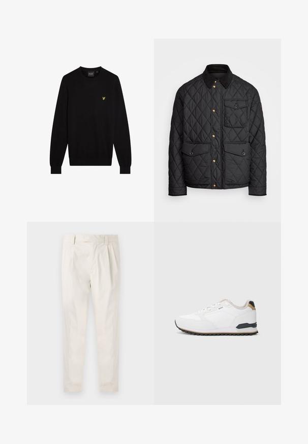Černá prošívaná bunda s kordovým límcem, zlatými patentkami, dvěma předními kapsami a jednou kapsou na levé straně, která obsahuje nášivku s logem.; Černý svetr z měkké látky s kulatým výstřihem a dlouhými rukávy. Malé žluté vyšívané logo na levé straně hrudi.; Bílé, plisované kalhoty s upraveným střihem, které mají hladkou texturu, poutka na opasek a zúžené nohavice. Bez viditelných kapes nebo vzorů.; Bílé sportovní tenisky s texturovaným svrškem, kontrastními černými a béžovými akcenty, kulatou špičkou a flexibilní gumovou podrážkou s trakčním vzorem.