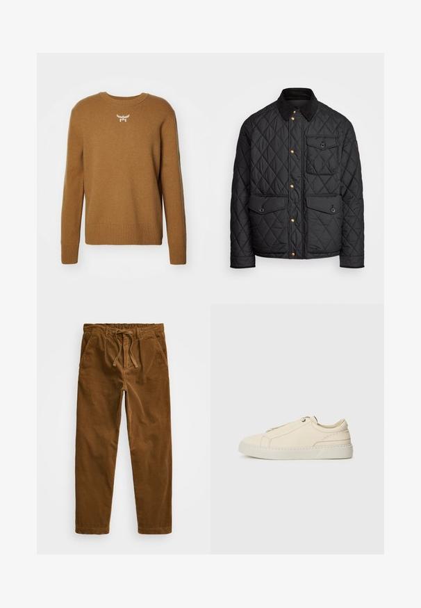 Crni quiltani kaput s ovratnikom od fiksa, zlatnim dugmadi na preklop, dva prednja džepa i džepom s lijeve strane, s logom na zakrpi.; Smeđi pulover s okruglim izrezom, rebrastim manžetama i rubovima, izrađen od mekog materijala, s malim bijelim logom na prsima.; Smešane smeše smeđe hlače od kordura s elastičnim pojasom i vezicom, bočnim džepovima i ravnim nogavicama s teksturiranjem.; Bež kožne tenisice s okruglim vrhom, minimalistički dizajn, suptilni šavovi i teksturirana gornja strana, na svijetloj potplati.