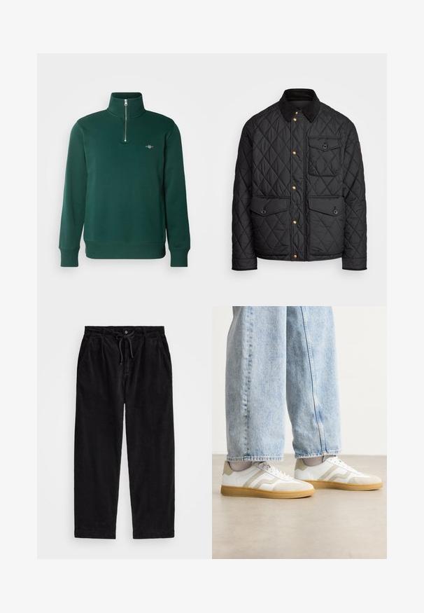 Svart quiltad jacka med en kordflöjelskrage, gyllene tryckknappar, två framfickor och en ficka på vänster sida, försedd med en logotypapplikation.; Grön zip-up hoodie. Har hög krage, långa ärmar och en liten logotyp på bröstet. Mjukt, slätt tyg.; Svarta kordflamsbyxor med en avslappnad passform, med ett elastiskt midjeband och dragsko, samt sidofickor. Tyget har en ribbad struktur.; Vita sneakers med beige mockadetaljer och ljusa gummisålar; har en låg design och texturerad detalj på ovansidan.