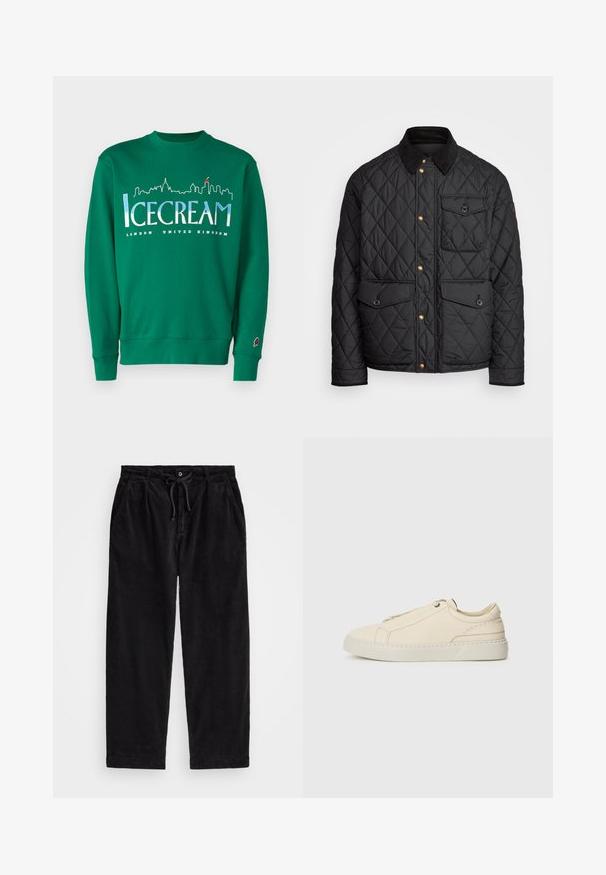 Chaqueta negra acolchada con cuello de pana, botones de presión dorados, dos bolsillos frontales y un bolsillo en el lado izquierdo, con un parche de logo.; Suéter de algodón verde con un gráfico del horizonte. El texto dice "HELADO" y "LONDRES REINO UNIDO." Incluye un logo de cucurucho de helado en la manga.; Pantalones de pana negra con corte relajado, que cuentan con una cinturilla elástica con cordón ajustable y bolsillos laterales. La tela presenta una textura acanalada.; Zapatilla de cuero beige con punta redondeada, diseño minimalista, detalles de costura sutiles y parte superior texturizada, sobre una suela clara.