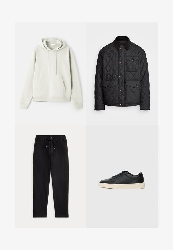 Svart quiltad jacka med en kordflöjelskrage, gyllene tryckknappar, två framfickor och en ficka på vänster sida, försedd med en logotypapplikation.; Ljusgrå hoodie av mjukt material, med en känguruficka, justerbar snörning på huvan och en minimal logotyp på framsidan.; Svarta avslappnade byxor med elastiskt midjeband, snörning, framknapp och sidofickor, visade på en enfärgad bakgrund.; Svart låg skor i läder med svarta snören och off-white sula, visas i sidoprofil på vit bakgrund.