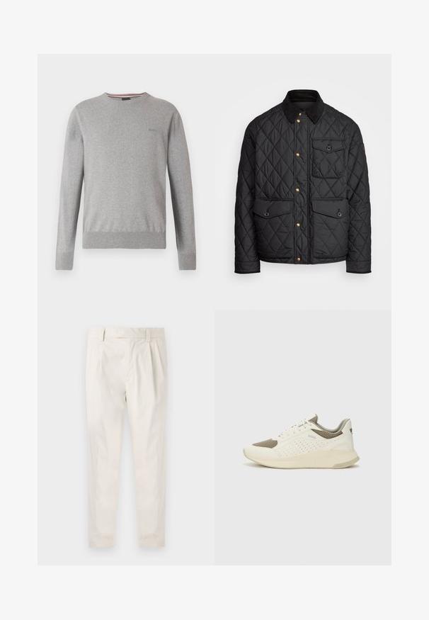 Crni quiltani kaput s ovratnikom od fiksa, zlatnim dugmadi na preklop, dva prednja džepa i džepom s lijeve strane, s logom na zakrpi.; Sivi džemper s okruglim izrezom, dugim rukavima, rebrastim manšetama i rubom, suptilnim logotipom na prsima i prugastim detaljima na ovratniku.; Bijele, naborane hlače s krojem po mjeri, koje imaju glatku teksturu, petlje za pojas i sužene nogavice. Nema vidljivih džepova ili uzoraka.; Bijele i svijetlosmeđe sportske tenisice, sa mrežastim gornjim dijelom, perforiranim detaljima i teksturiranim međutrakom sa brendom na peti.