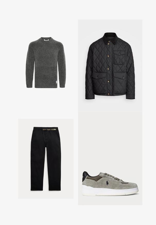 Juodas margintas paltas su kanapių apykakle, auksiniais spaudžiamais mygtukais, dviem priekinių didelėms kišenėms ir kišene kairėje pusėje, su logotipo etikete.; Pilkas vilnonis megztinis su ilgomis rankovėmis, apvalia iškirpte ir briaunotais rankogaliais. Ant apatinio šono yra maža etiketė. Minkšta tekstūra.; Juodos kelnės, pagamintos iš lengvo audinio, su elastinga juosta ir integruota žalia diržo dalimi, tiesaus kirpimo ir šonomis kišenėmis.; Pilkos zomšos sportbačiai su tekstūruotu paviršiumi, kontrastiniu juodu kulnu, baltu padu ir siuvinėtu logotipu. Laidinimo dizainas su šešiais užtrauktukais.