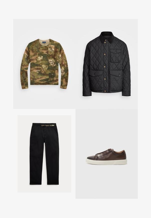 Črna prešita jakna s čimprijem ovratnikom, zlatimi gumbki, dvema sprednjima žepoma in enim žepom na levi strani, ki vsebuje žepno nalepko.; Pleteni pulover z vzorcem pokrajine v zelenih, rjavih in bež odtenkih, s okroglim izrezom in dolgimi rokavi. Poudarjen z logotipom.; Črne hlače iz lahkega blaga, z elastičnim pasom in vgrajenim zeleni pasom, ravne noge in stranskimi žepi.; Rjavi usnjeni športni čevlji z zaobljenim nosom, kontrastnim belim gumijastim podplatom, šivanim detajlom in brez vidnih vezalk. Splošno gladka tekstura.