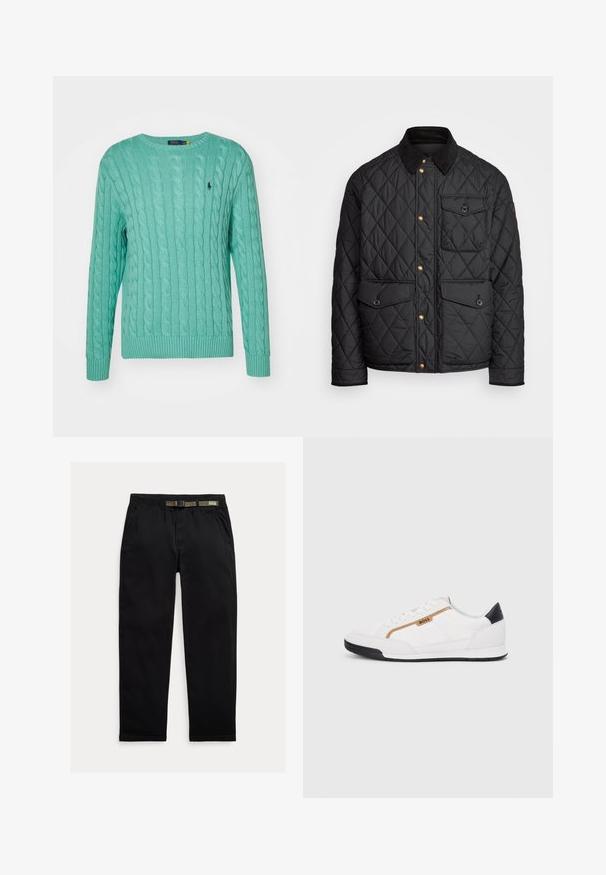 Melnā quiltota jaka ar velveteena apkakli, zeltītām spiedpogas, divām priekšējām kabatām un kabatu kreisajā pusē, ar logotipa uzlīmi.; Minta zaļš adīts džemperis ar kabelīšu adījuma dizainu, apaļu kakla izgriezumu un ribotas aproces un apakšējo malas. Mazs logotipa akcenti uz krūtīm.; Melnas bikses, izgatavotas no viegla auduma, ar elastīgu jostu un integrētu zaļu jostu, taisna piegriezuma un sānu kabatām.; Baltijas krāsā baltas sporta kurpes ar acu un ādas akcentiem. Iezīmējas ar zelta "BOSS" logo, teksturētām sānu paneļiem un melnu papēža kapu. Gumijas zole.