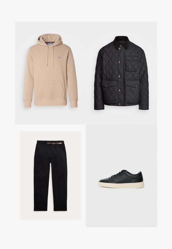 Black quilted jacket with a corduroy collar, gold snap buttons, two front pockets, and a pocket on the left side, featuring a logo patch.; Beige hoodie made of soft fabric, featuring a front pocket, adjustable drawstring, and embroidered logo on the chest.; Black pants made of lightweight fabric, featuring an elastic waistband with an integrated green belt, straight-leg cut, and side pockets.; Black low-top leather sneaker with black laces and off-white sole shown in side profile on white background.