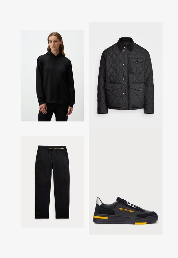 Zwarte gewatteerde jas met een corduroy kraag, gouden drukknoopsluitingen, twee voorzakken en een zak aan de linkerkant, voorzien van een logo patch.; Zwarte hoodie met een zachte textuur, voorzien van een trekkoordcapuchon, lange mouwen en een ontspannen pasvorm. Accenten zijn onder meer een geribbelde zoom en manchetten.; Zwarte broek van lichtgewicht stof, met een elastische tailleband en een geïntegreerde groene riem, recht model en zijzakken.; Zwarte sneakers met een bovenwerk van suède en mesh, gele accenten en een dikke zwarte zool. Vetersluiting en "POLO SPORT" branding op de zijkant.
