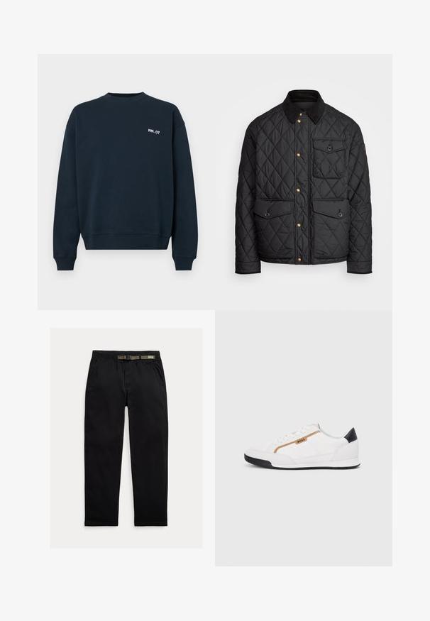 Black quilted jacket with a corduroy collar, gold snap buttons, two front pockets, and a pocket on the left side, featuring a logo patch.; Navy blue crewneck sweatshirt with long sleeves and white "NN. 07" text on the left chest, plain design with ribbed cuffs and hem.; Black pants made of lightweight fabric, featuring an elastic waistband with an integrated green belt, straight-leg cut, and side pockets.; White athletic shoes with mesh and leather accents. Features a gold "BOSS" logo, textured side panels, and a black heel cap. Rubber sole.