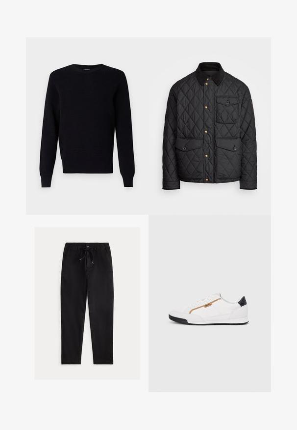 Chaqueta negra acolchada con cuello de pana, botones de presión dorados, dos bolsillos frontales y un bolsillo en el lado izquierdo, con un parche de logo.; El suéter de punto negro presenta un patrón texturizado, cuello redondo y puños y dobladillo acanalados. Elaborado con una tela suave para mayor comodidad.; Pantalones negros de corte relajado con cintura elástica, cordón y bolsillos frontales. Fabricados con una tela suave y ligera.; Zapatillas deportivas blancas con acentos de malla y cuero. Presentan un logotipo dorado de "BOSS", paneles laterales texturizados y una tapa de talón negra. Suela de goma.