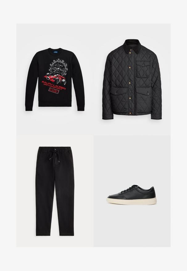 Casaco acolchoado preto com colarinho de veludo cotelê, botões de pressão dourados, dois bolsos frontais e um bolso no lado esquerdo, apresentando um patch de logotipo.; Sweater preto com mangas longas, apresentando um gráfico de carro de corrida vermelho, design de velocímetro e texto "RALPH LAUREN MOTORSPORT" em vermelho.; Calças casuais pretas com cintura elástica, cordão de ajuste, botão frontal e bolsos laterais, exibidas sobre um fundo simples.; Sapatilha preta de cano baixo em pele com atacadores pretos e sola off-white, apresentada em perfil lateral sobre fundo branco.