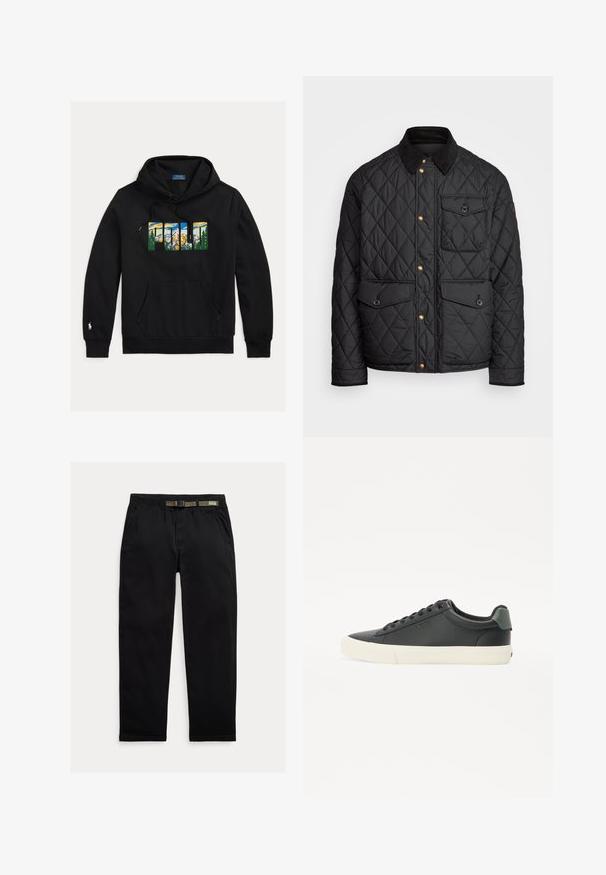Svart quiltad jacka med en kordflöjelskrage, gyllene tryckknappar, två framfickor och en ficka på vänster sida, försedd med en logotypapplikation.; Polo Ralph Lauren LOGO FLEECE HOODIE - Luvtröja - black; Svarta byxor tillverkade av lättviktigt tyg, med en elastisk midja och ett integrerat grönt bälte, rakt ben och sidofickor.; Svarta lädersneakers med en texturerad yta, vit gummisula, rund tå och grönt inslag vid hälen. Design med snörning genom sex öglor.