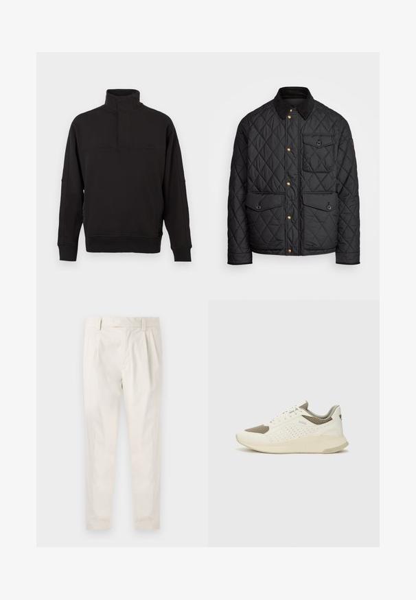 Chaqueta negra acolchada con cuello de pana, botones de presión dorados, dos bolsillos frontales y un bolsillo en el lado izquierdo, con un parche de logo.; Sudadera negra de algodón suave, con cuello alto y cierre de botón, puños acanalados y un ajuste relajado.; Pantalones blancos plisados con un ajuste entallado, que presentan una textura suave, pasadores para el cinturón y piernas ajustadas. Sin bolsillos visibles ni patrones.; Zapatilla deportiva en blanco y beige claro, con parte superior de malla, detalles perforados y una mediasuela texturizada con la marca en el talón.