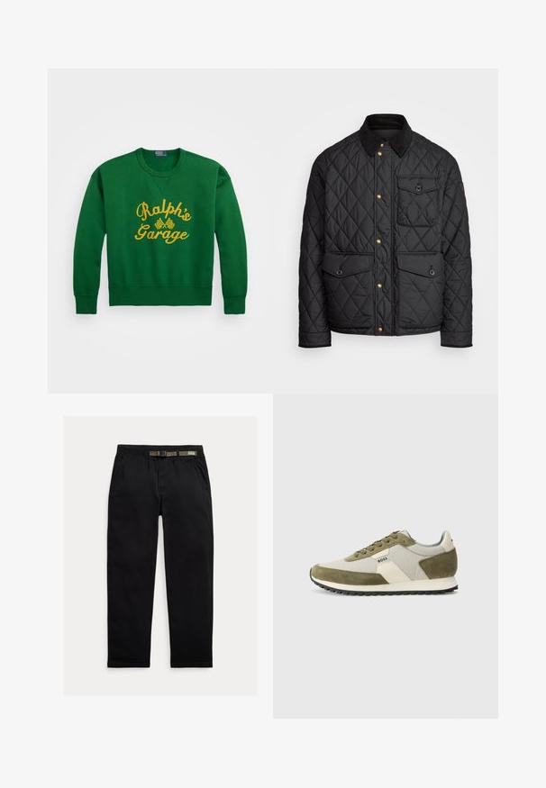 Casaco acolchoado preto com colarinho de veludo cotelê, botões de pressão dourados, dois bolsos frontais e um bolso no lado esquerdo, apresentando um patch de logotipo.; Sweat-shirt verde com decote redondo, apresentando texto amarelo bordado "Ralph’s Garage" e detalhes de bandeira quadriculada. Material em mistura de algodão.; Calças pretas feitas de um tecido leve, com uma cintura elástica com um cinto verde integrado, corte reto e bolsos laterais.; Sapatilhas atléticas verdes e bege com uma mistura de camurça e tecido, um logótipo branco distinto, sola preta plana e atacadores redondos.