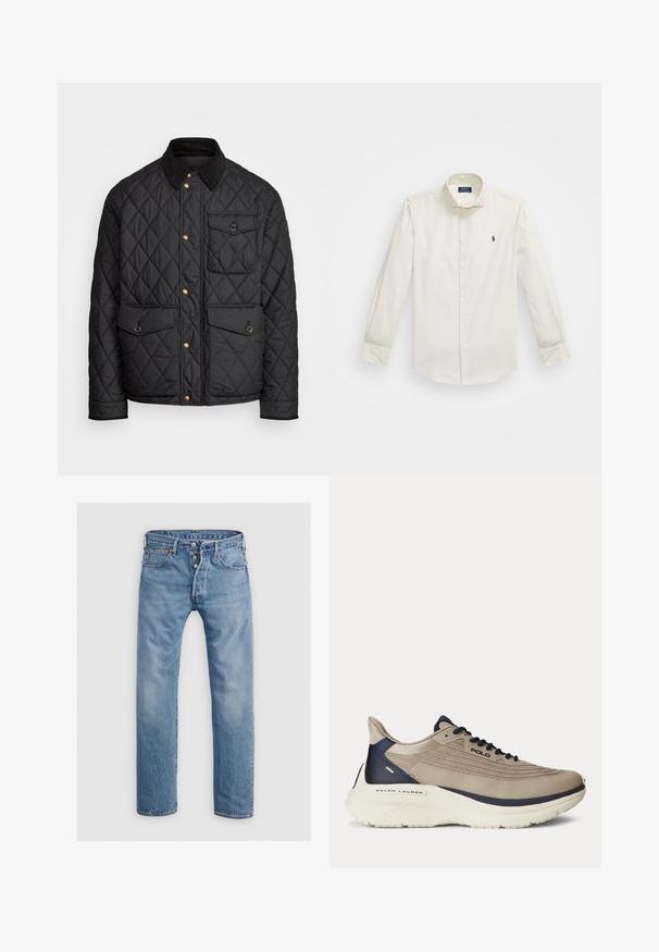 Melnā quiltota jaka ar velveteena apkakli, zeltītām spiedpogas, divām priekšējām kabatām un kabatu kreisajā pusē, ar logotipa uzlīmi.; Balta garo piedurkņu krekls, kas izgatavots no kokvilnas, ar pogām aizdara apkakli, vienu krūšu kabatu un mazu navy zīmogu kreisajā pusē.; Gaiši zili džinsi ar taisno kāju dizainu, piecām kabatām un pogu aizdari. Iekļauj izsmalcinātu nolietojumu un šuvju akcentus.; Bežīgas sporta kurpes ar teksturētu sietu augšdaļu, tumši zilas akcenti, bieza balta zole un sarežģīti dizaina elementi. Aprīkotas ar auklām un logotipa zīmolu.