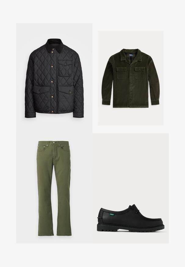 Chaqueta negra acolchada con cuello de pana, botones de presión dorados, dos bolsillos frontales y un bolsillo en el lado izquierdo, con un parche de logo.; Chaqueta de camisa de pana de color verde oscuro con cuello, dos bolsillos en el pecho, botones negros y mangas largas. Textura suave y líneas verticales.; Jeans acampanados de color verde oliva, hechos de algodón con una textura suave; cuentan con cinco bolsillos, cierre de botón y detalles de costura sutiles.; Zapato de cuero negro con perfil bajo, punta redonda y suela texturizada. Presenta una etiqueta verde "POLO" y costuras en contraste a lo largo del borde.
