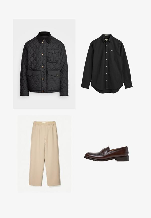 Czarna pikowana kurtka z kołnierzem z sztruksu, złotymi zatrzaskami, dwoma przednimi kieszeniami oraz kieszenią po lewej stronie, z naszywką z logo.; Czarna koszula zapinana na guziki, wykonana z bawełny. Posiada standardowy kołnierzyk, długie rękawy oraz zaokrąglony dół. Małe logo na lewej stronie klatki piersiowej.; Beżowe spodnie szerokie z elastycznym paskiem, wykonane z miękkiego materiału, o gładkiej fakturze i minimalnych detalach szwów.; Hackett London JAME MIRROW brązowy